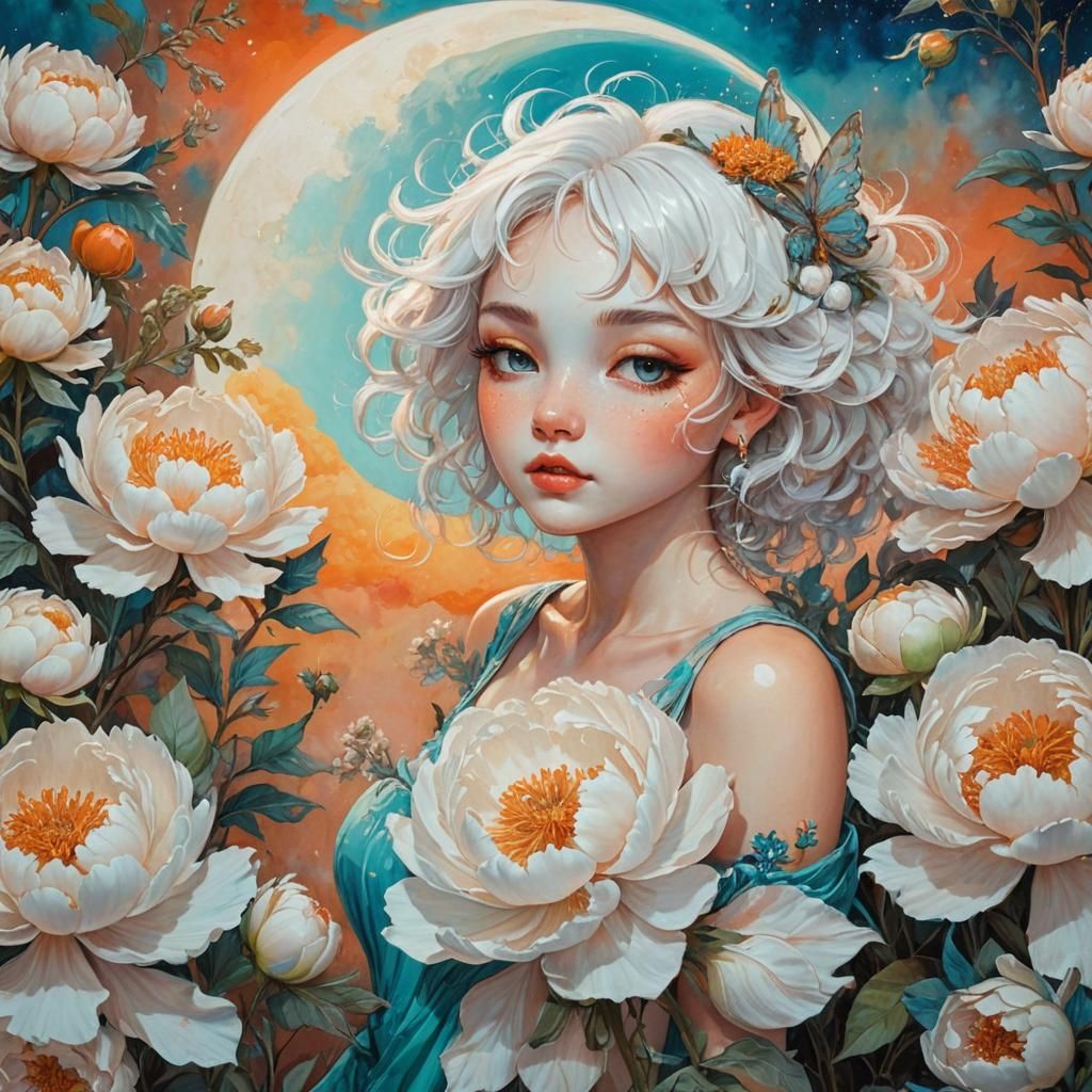 Garden Fairy with Peonies at Sunset: Impasto Gouache