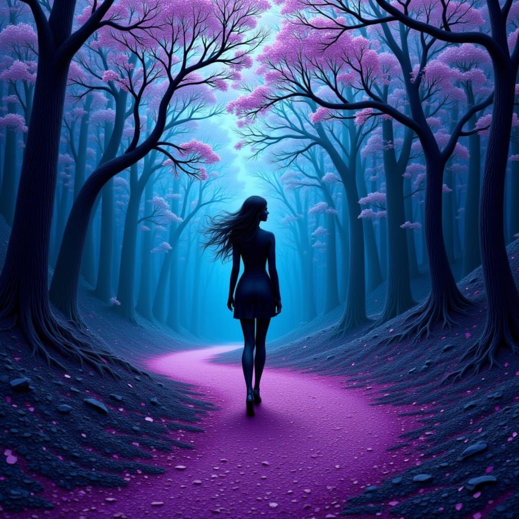 Woman in Blue and Fuchsia Forest Path