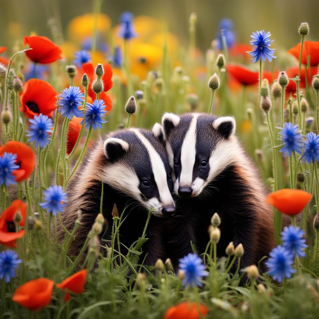 Badger Cubs Snuggle Among Cornflowers and Poppies