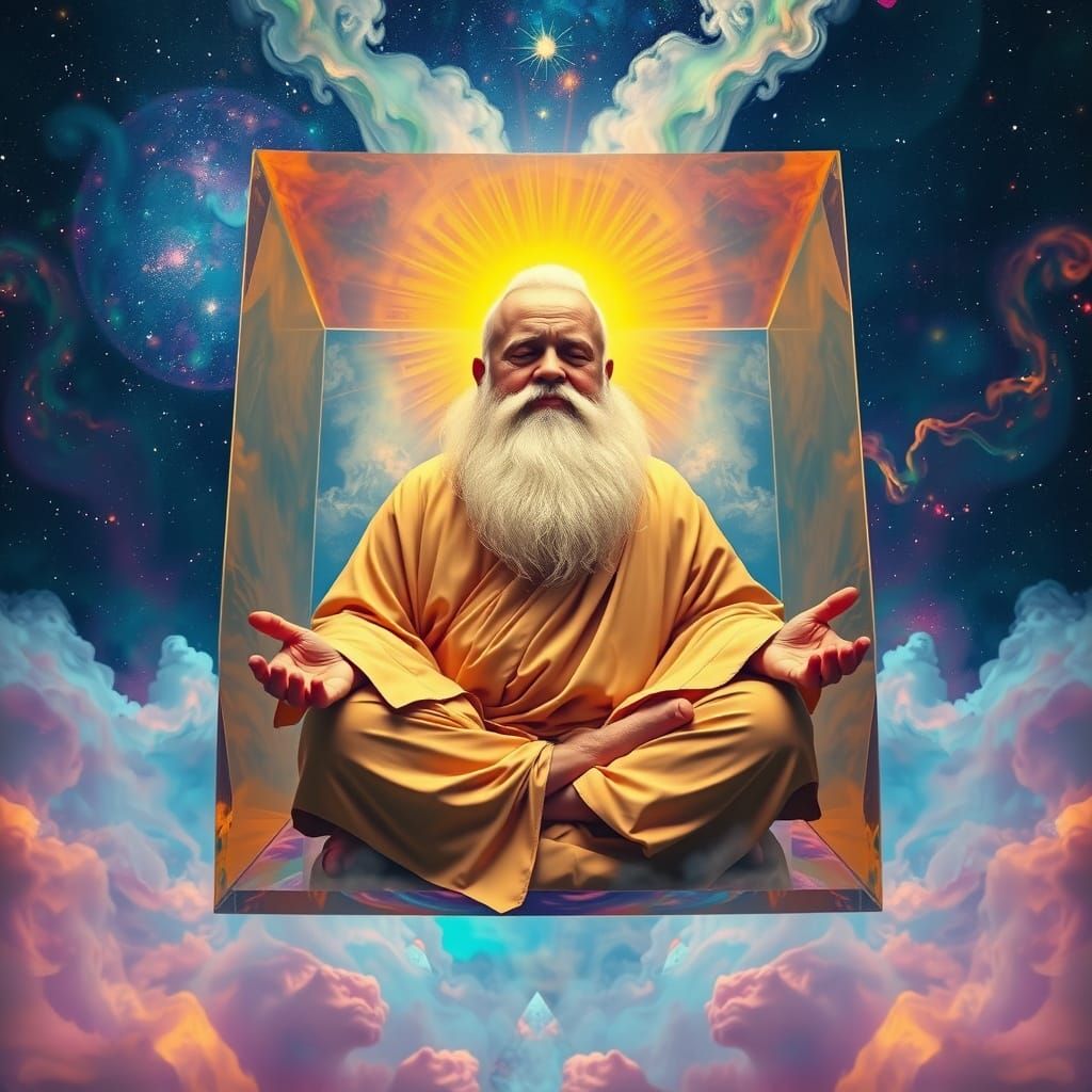 Monk Meditating in Crystal Cube with Psychedelic Sky