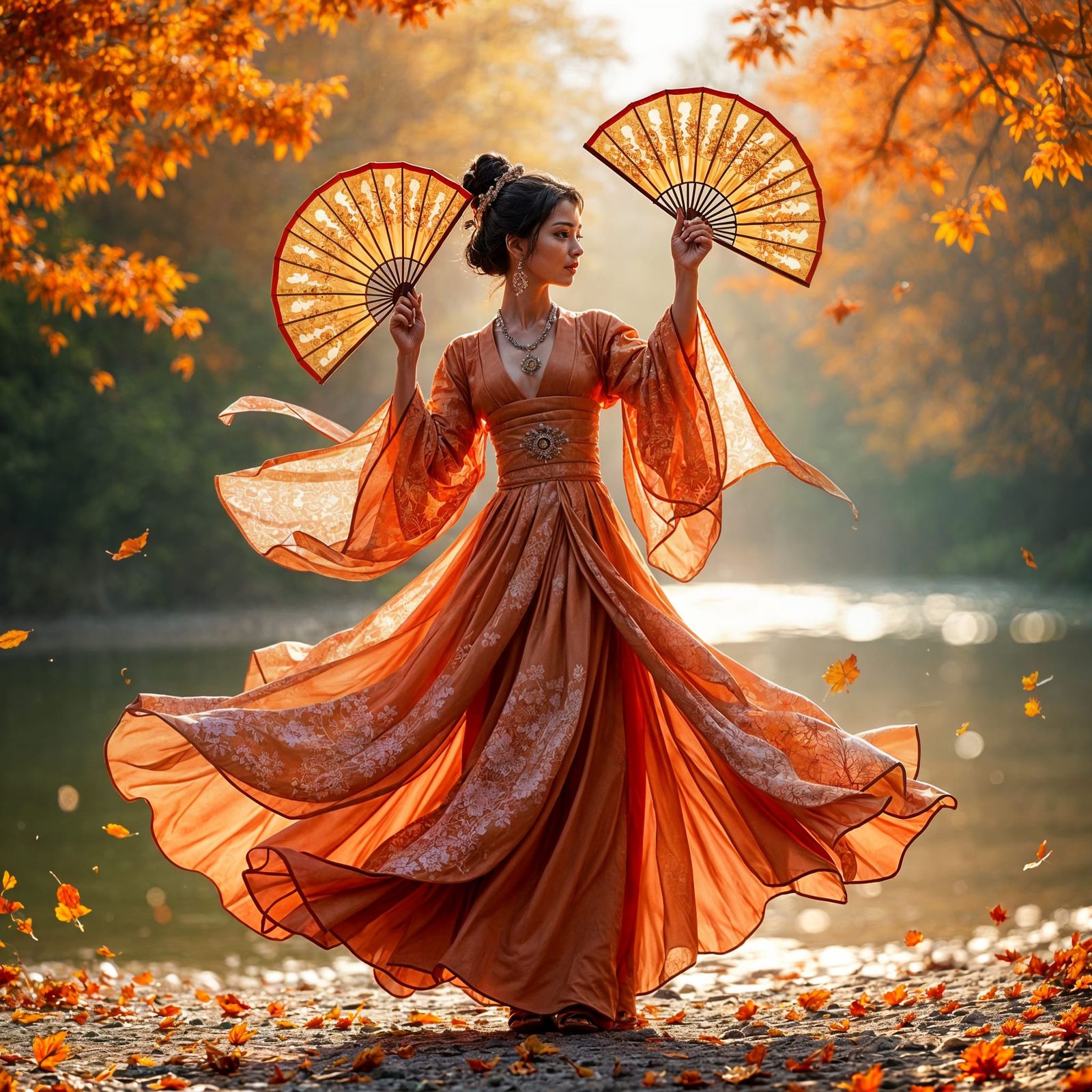 Japanese Woman Dancing with Fans Amidst Autumn Leaves