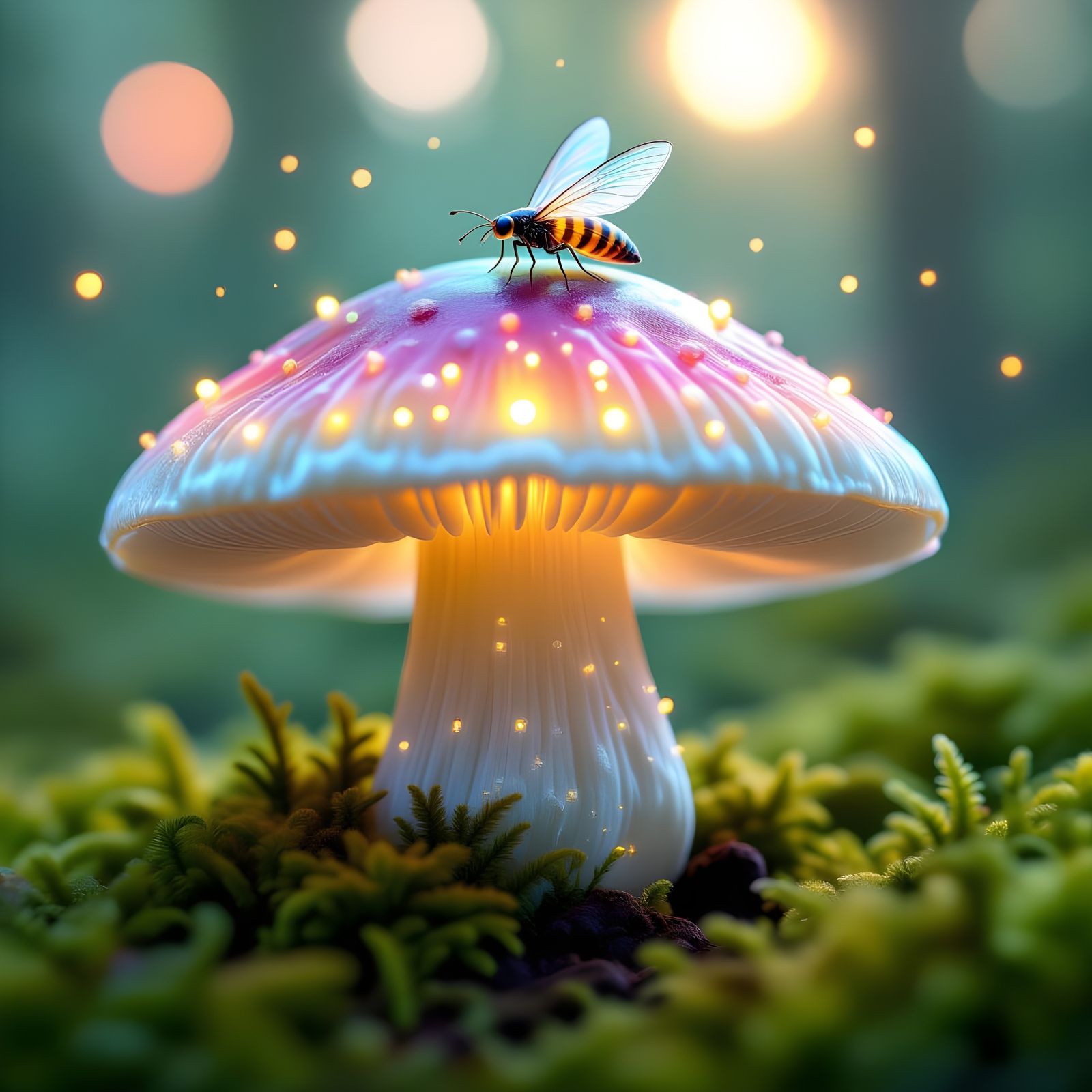 Glowing Mushroom Forest with Bioluminescent Insect