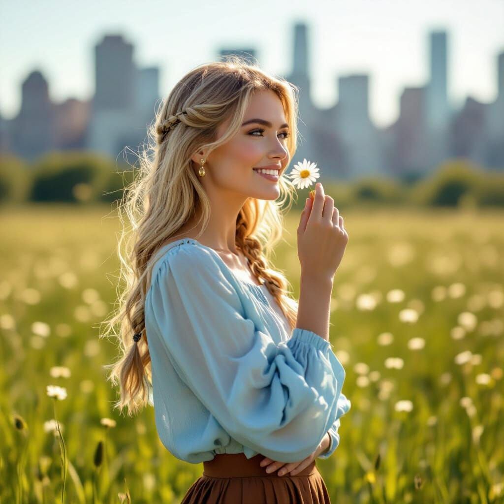Blonde Woman in Sunlit Field with City View