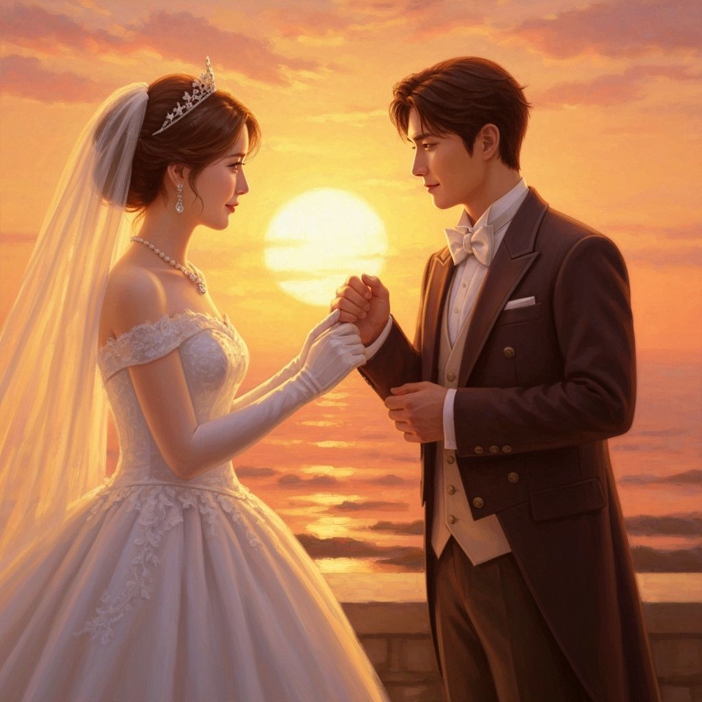 Bride and Groom at Sunset in Romantic Style