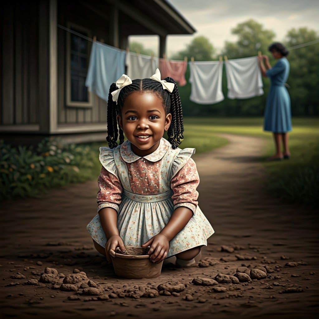 Happy Girl Makes Mud Pies in the 1960s