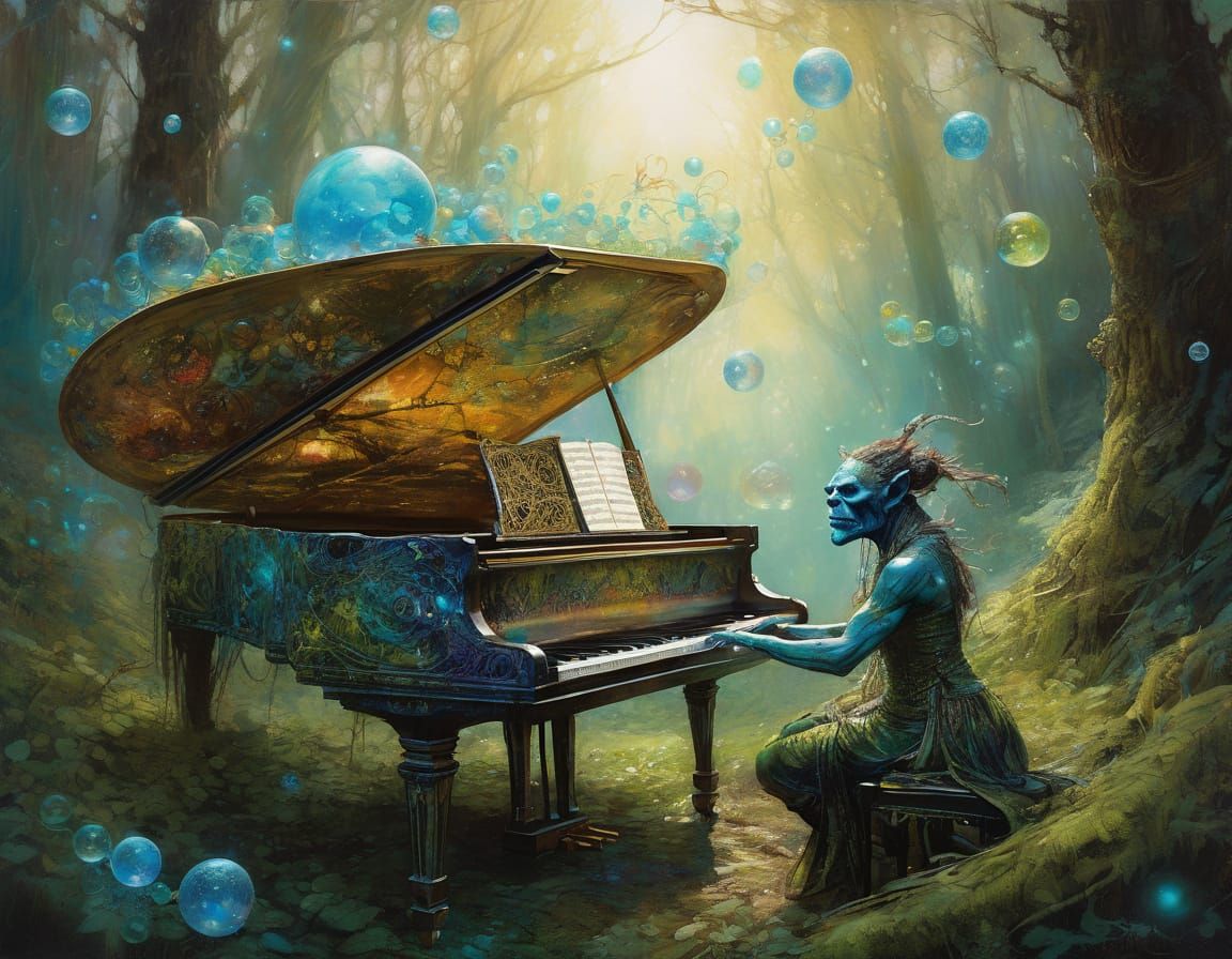 Orc Musician Plays Piano Amidst Ethereal Bubbles