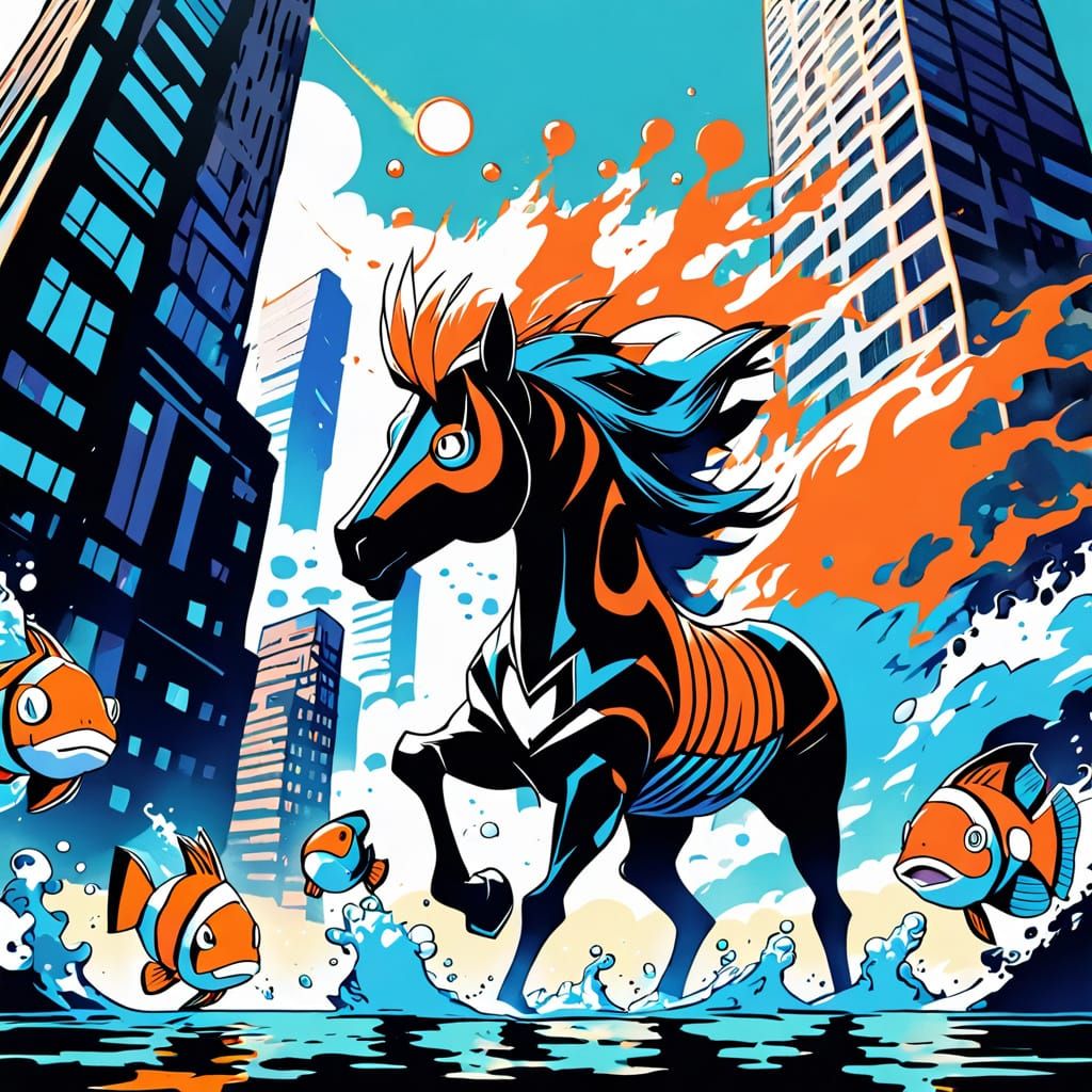 Horse-Clownfish Pokémon on Sunken Skyscraper