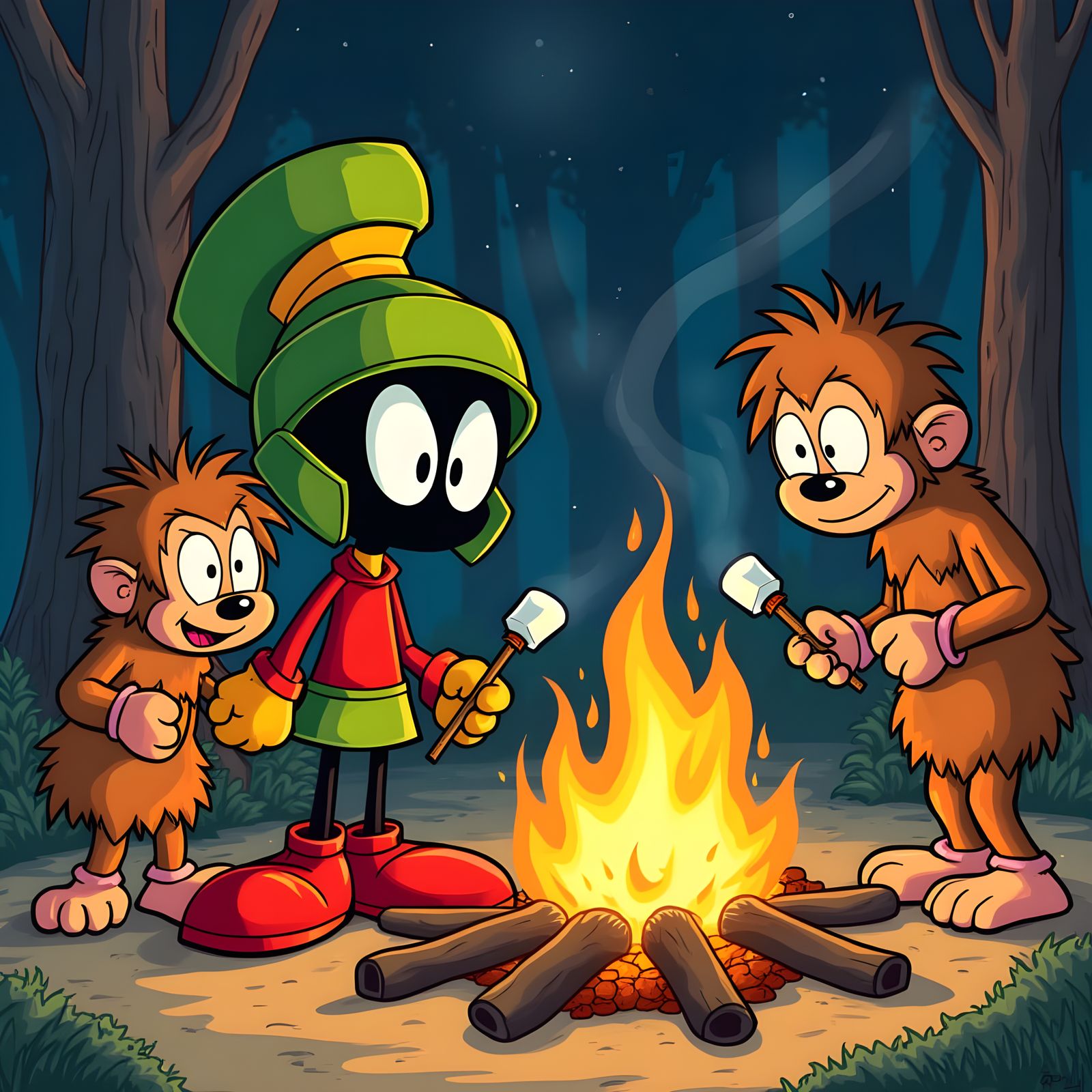 Marvin the Martian with the Neanderthals toasting marshmallo...