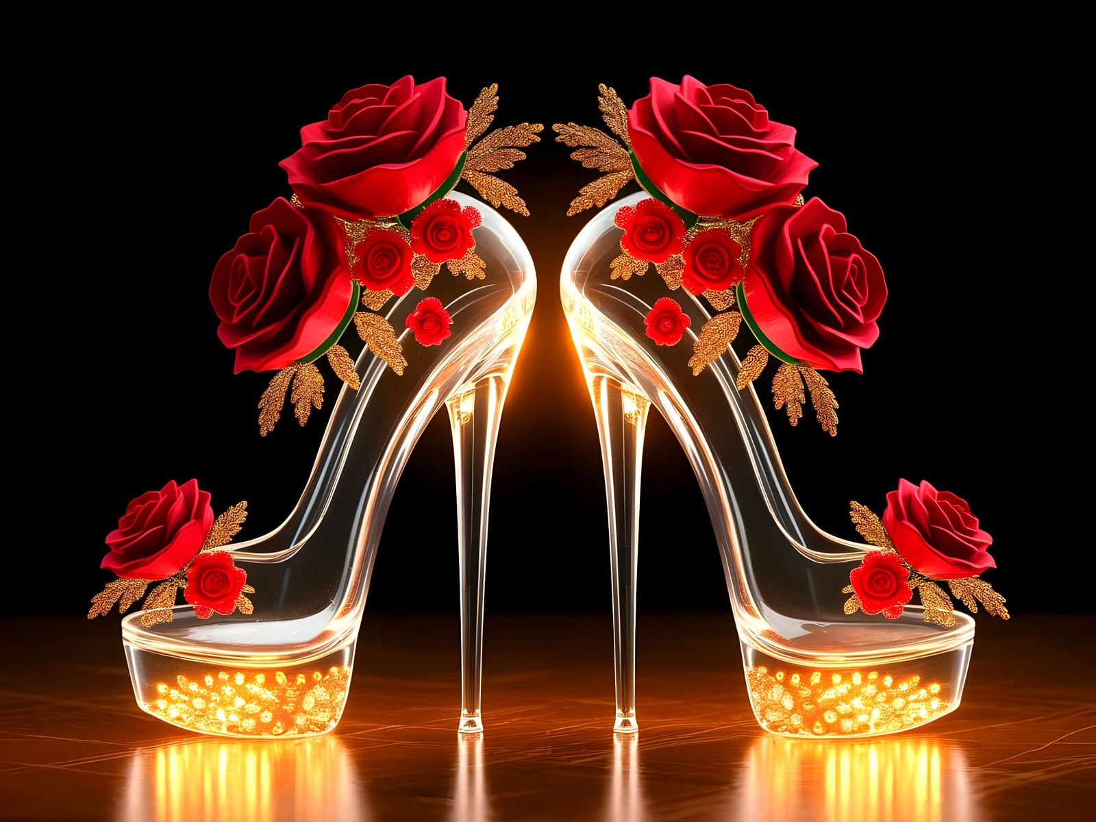 Glass Shoes with Red Roses and Golden Accents in Warm Light