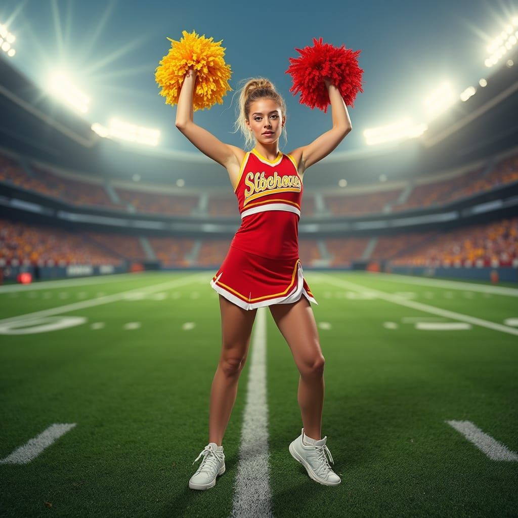 Cheerleader's Dynamic Pose on Football Field