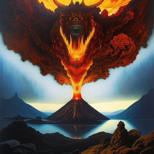 Grotesque Fire Monster Erupts from Volcano as Oil Painting