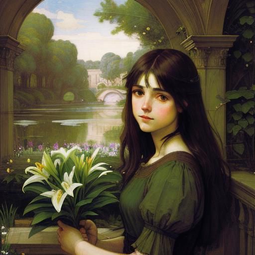 Woman with Lilies in Pre-Raphaelite Style