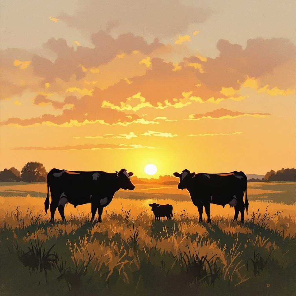 Cow Silhouettes at Sunset in Impressionist Style