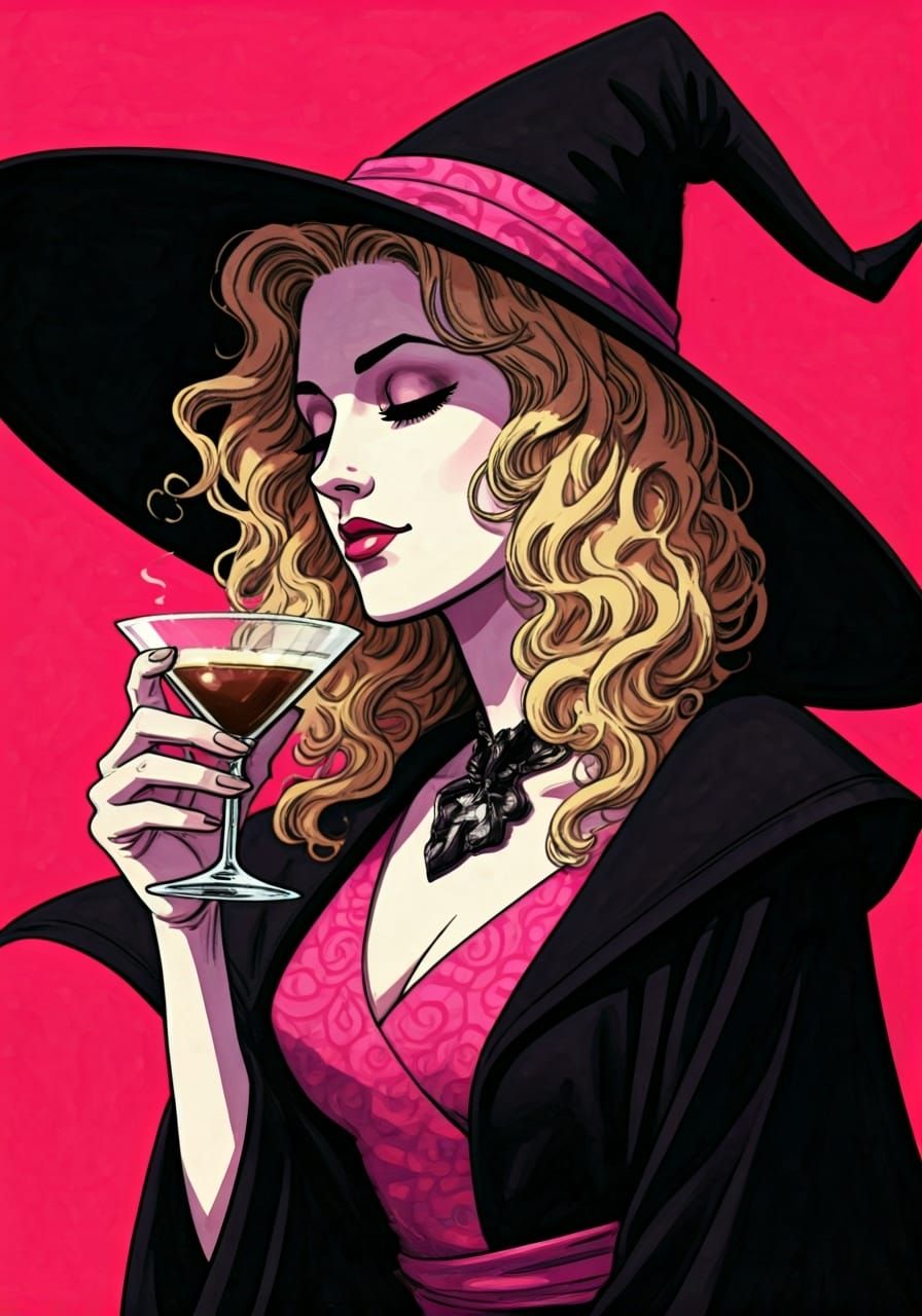 Mysterious Blonde Witch Sipping Coffee, Graphic Novel Style