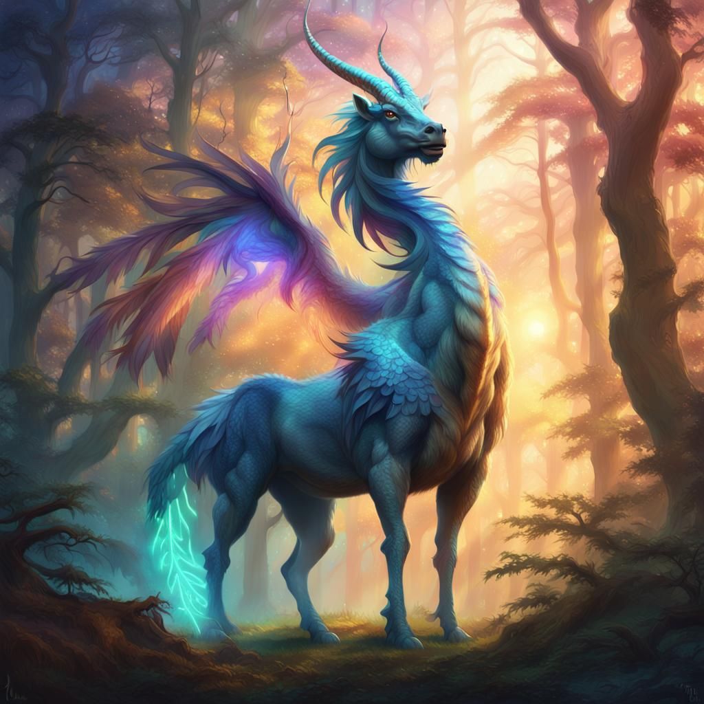 Feathered Centaur Dragon in Mystical Forest