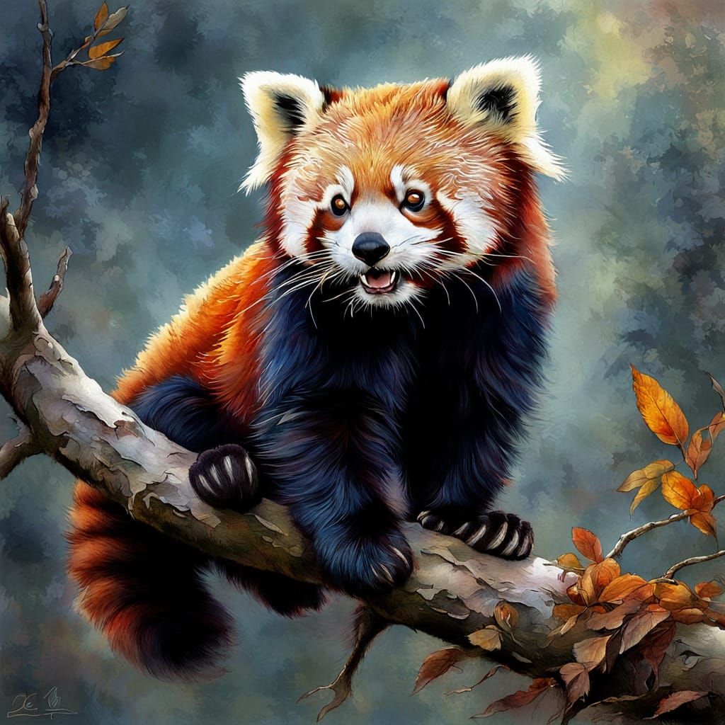 Red Panda on Tree Branch in Autumn Hues