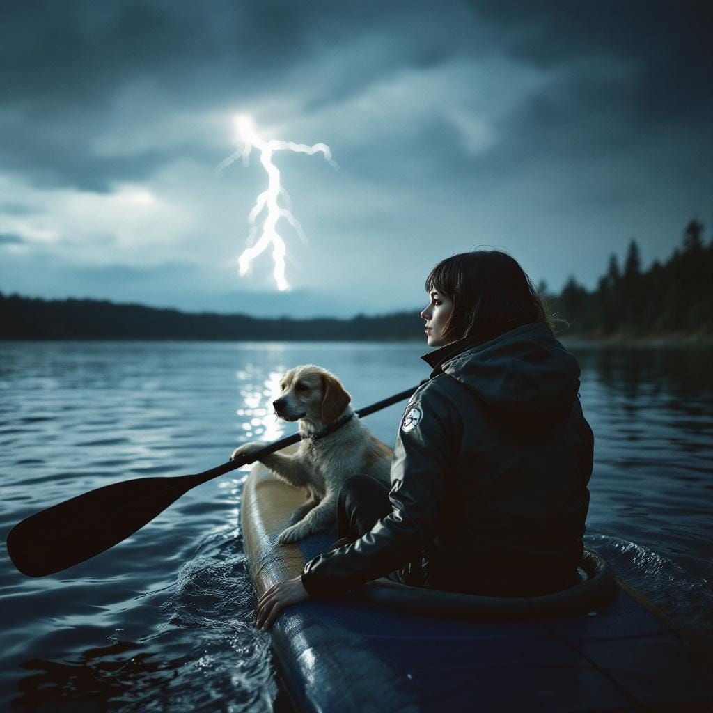 Woman Paddleboarding with Dog Under Stormy Sky