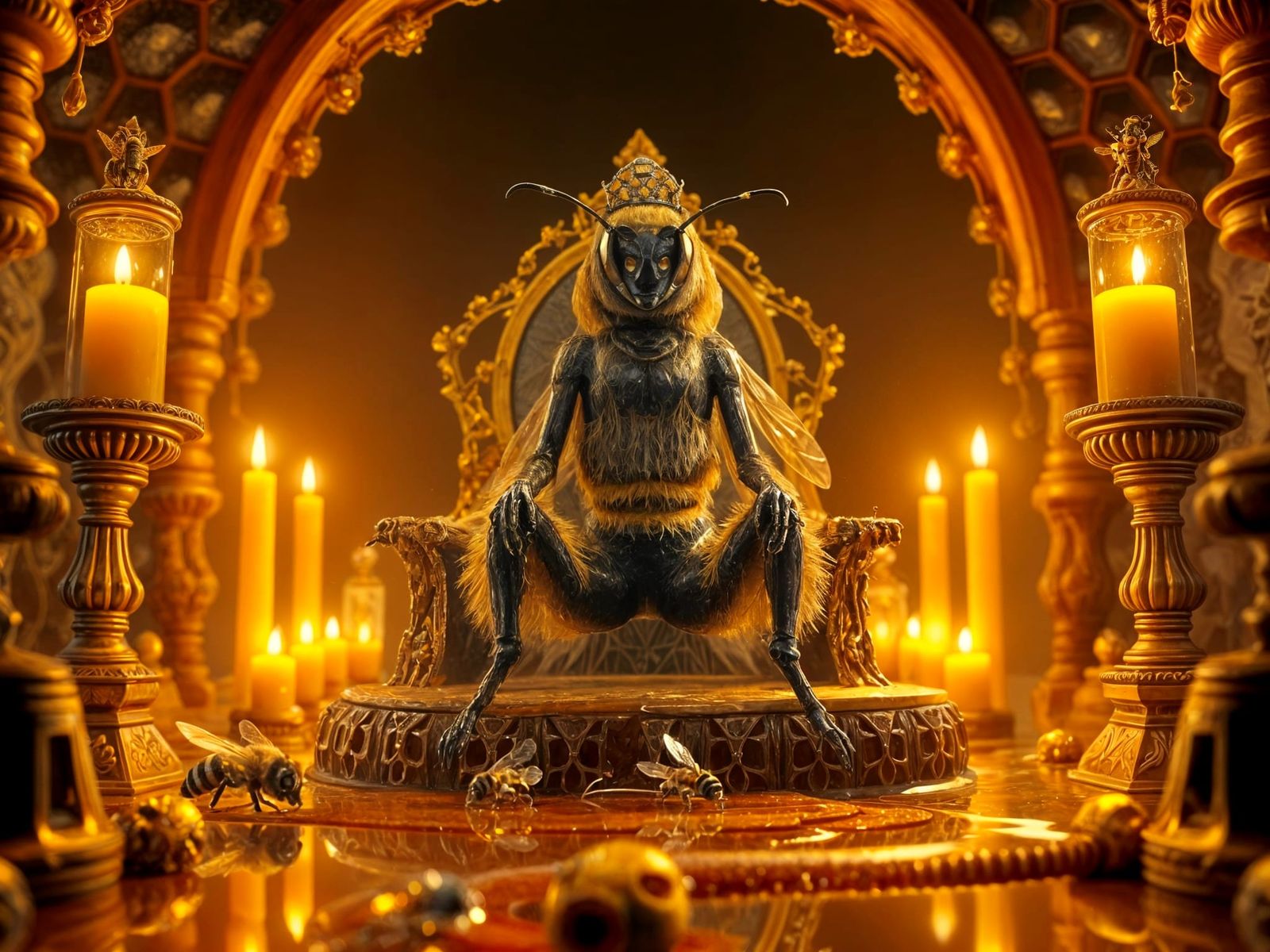 Surreal Bee Queen Reigns in Honeycomb Temple