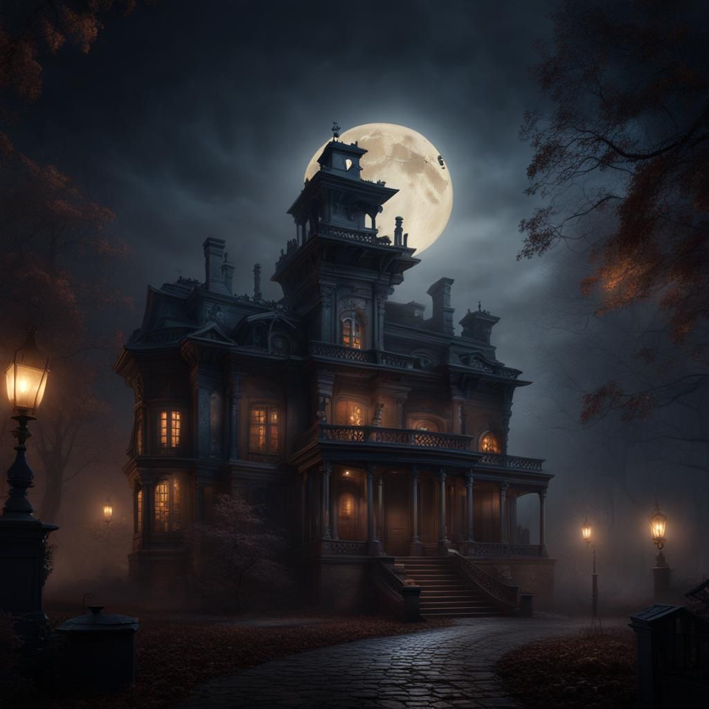 Haunted Mansion: Rodents in Moonlit Fog, Charcoal Rendering