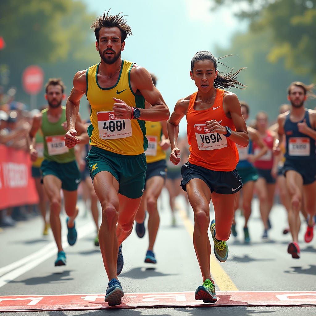 Sweat-Drenched Athletes Cross Finish Line in a Vibrant, Dyna...