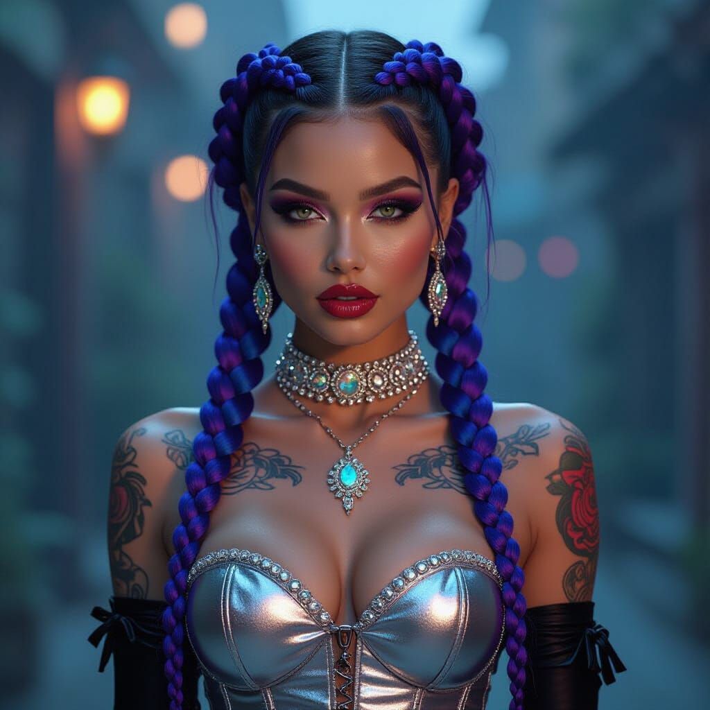 Under the flickering club lights, her vibrant blue-fuchsia b...