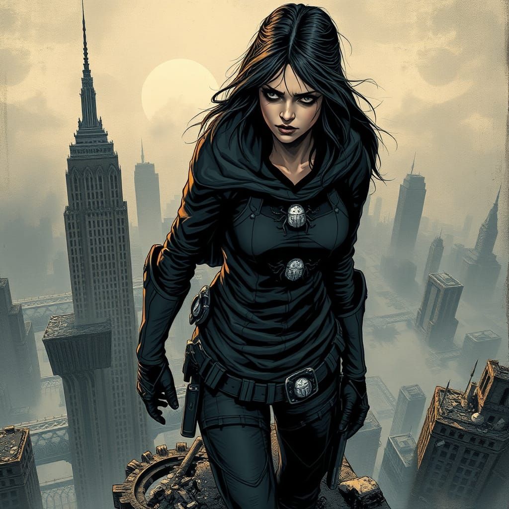 Troubled Heroine Surveys Ruined Cityscape