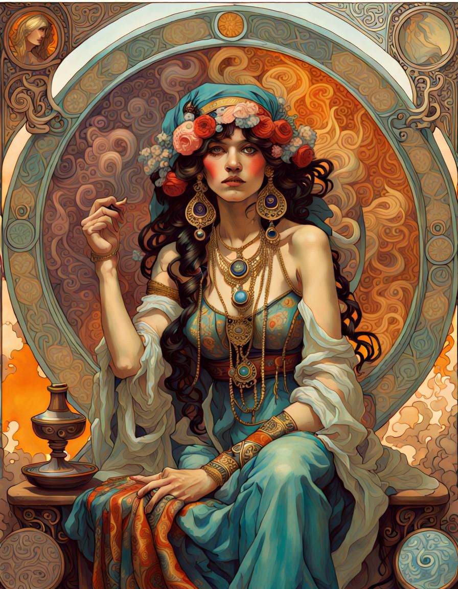 Mysterious Gypsy Woman with Tarot Card in Alphonse Mucha Sty...