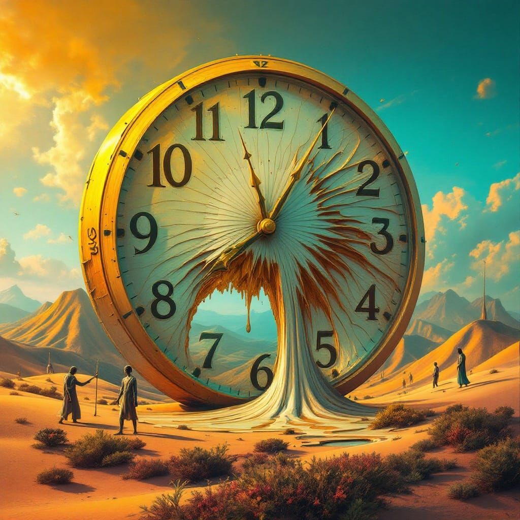 Melting Clock in Surreal Dali-Inspired Landscape