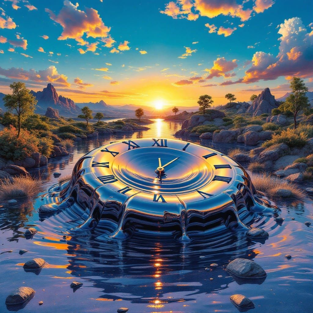 Surreal Melting Clock in Dreamlike Landscape