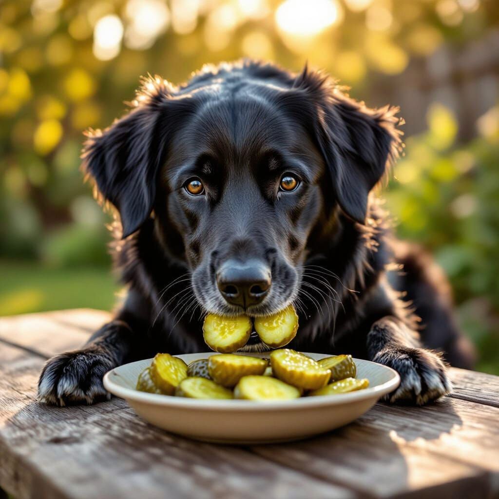 Realistic Black Dog Named Pickles Eating Pickles