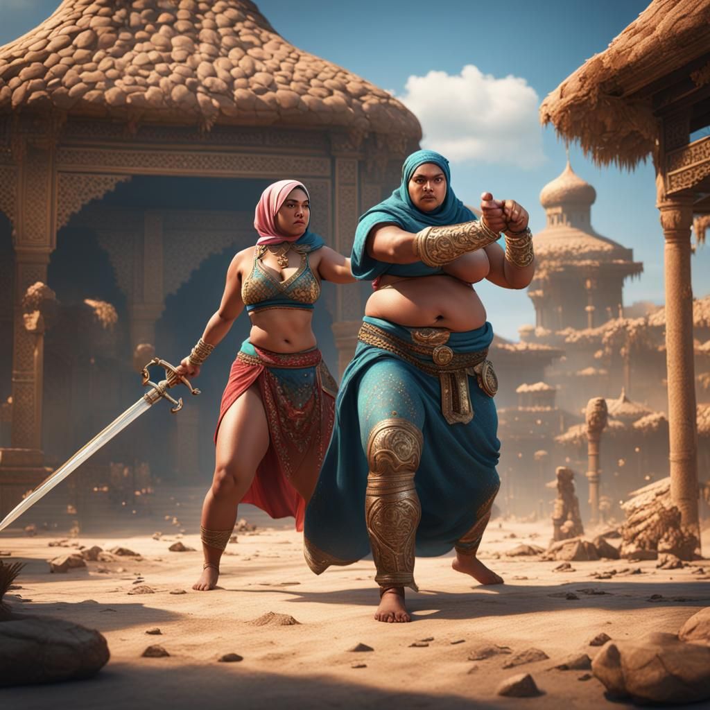 Chubby Hijab Woman in Bikini Fighting with Sword