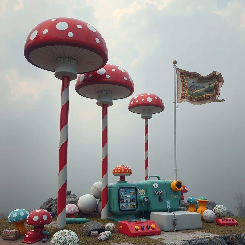 Hyperreal Mushroom Sculpture in Brutalist Style