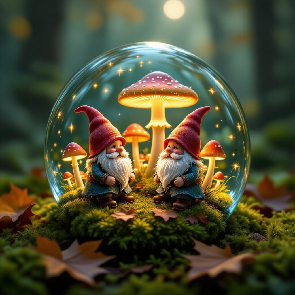 Gnome Mushroom Gardens in Dewdrop: Hyperrealistic Style