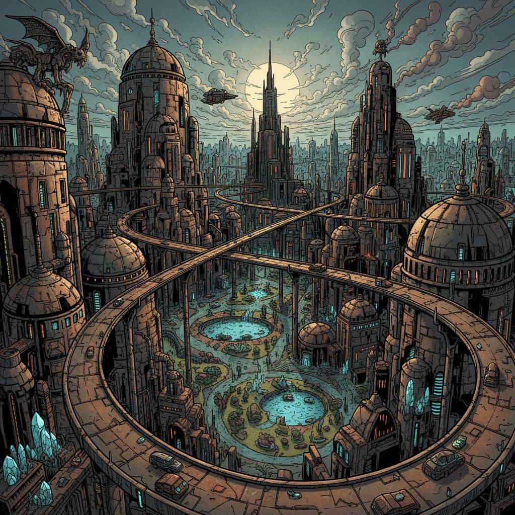 Futuristic Comic City with Domes and Highways