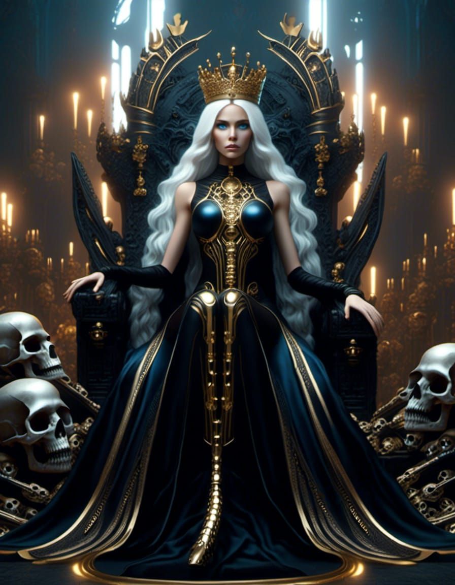 Long White haired Queen, blue eyes, black sleeveless dress with gold details, wearing ornate crown of gold and small sku...
