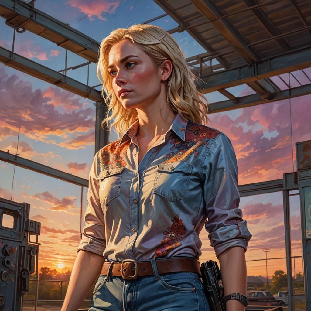 Woman on Gun Range as Oil Painting