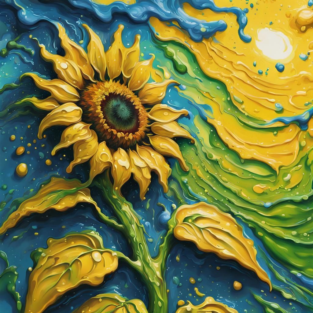 Whimsical Sunflower Liquid Painting in Impressionism Style