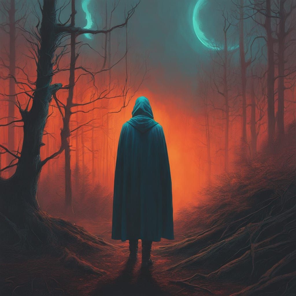 Surreal Woman Walks Through Moonlit Misty Forest in Hyperrea...