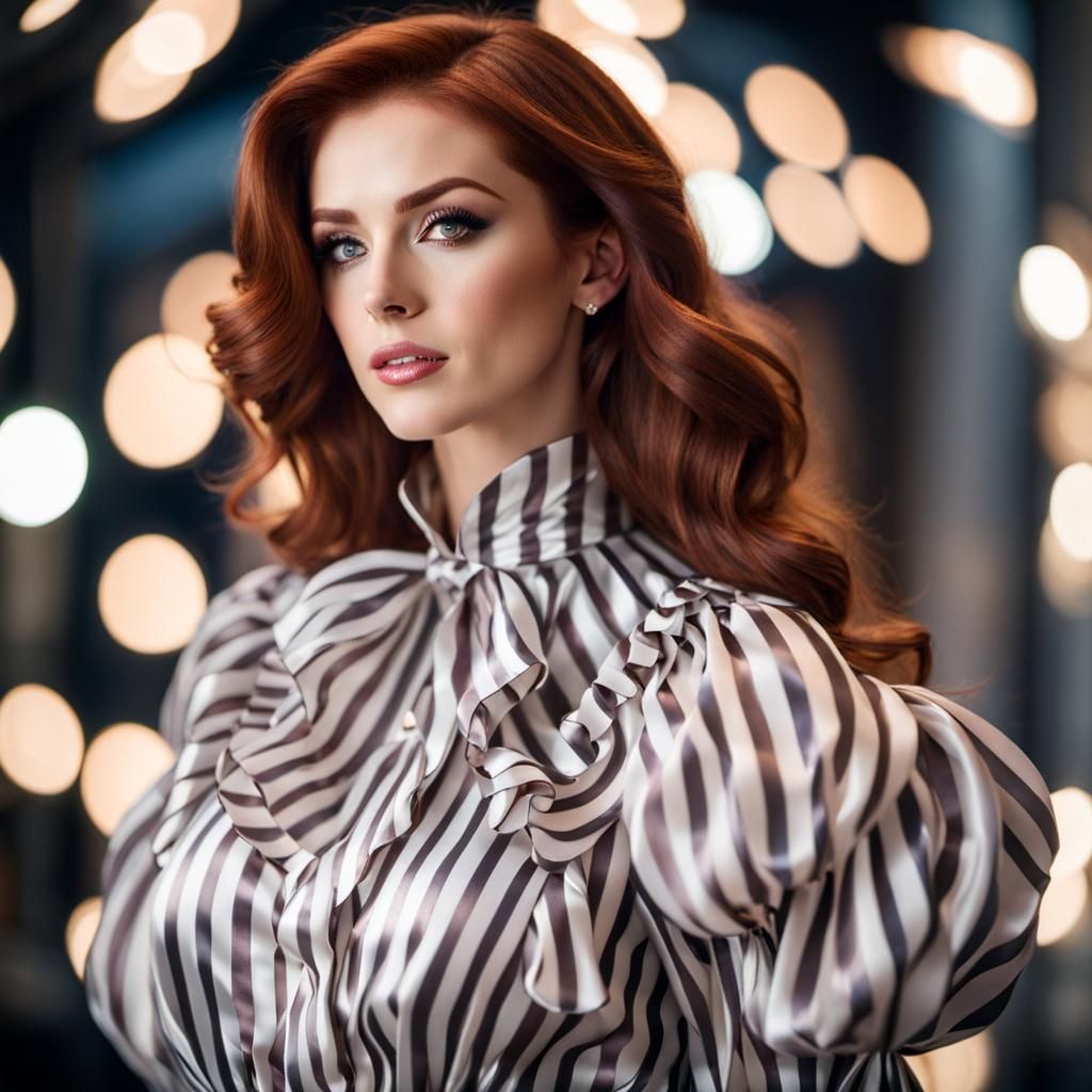 Auburn-Haired Woman in Striped Satin Blouse