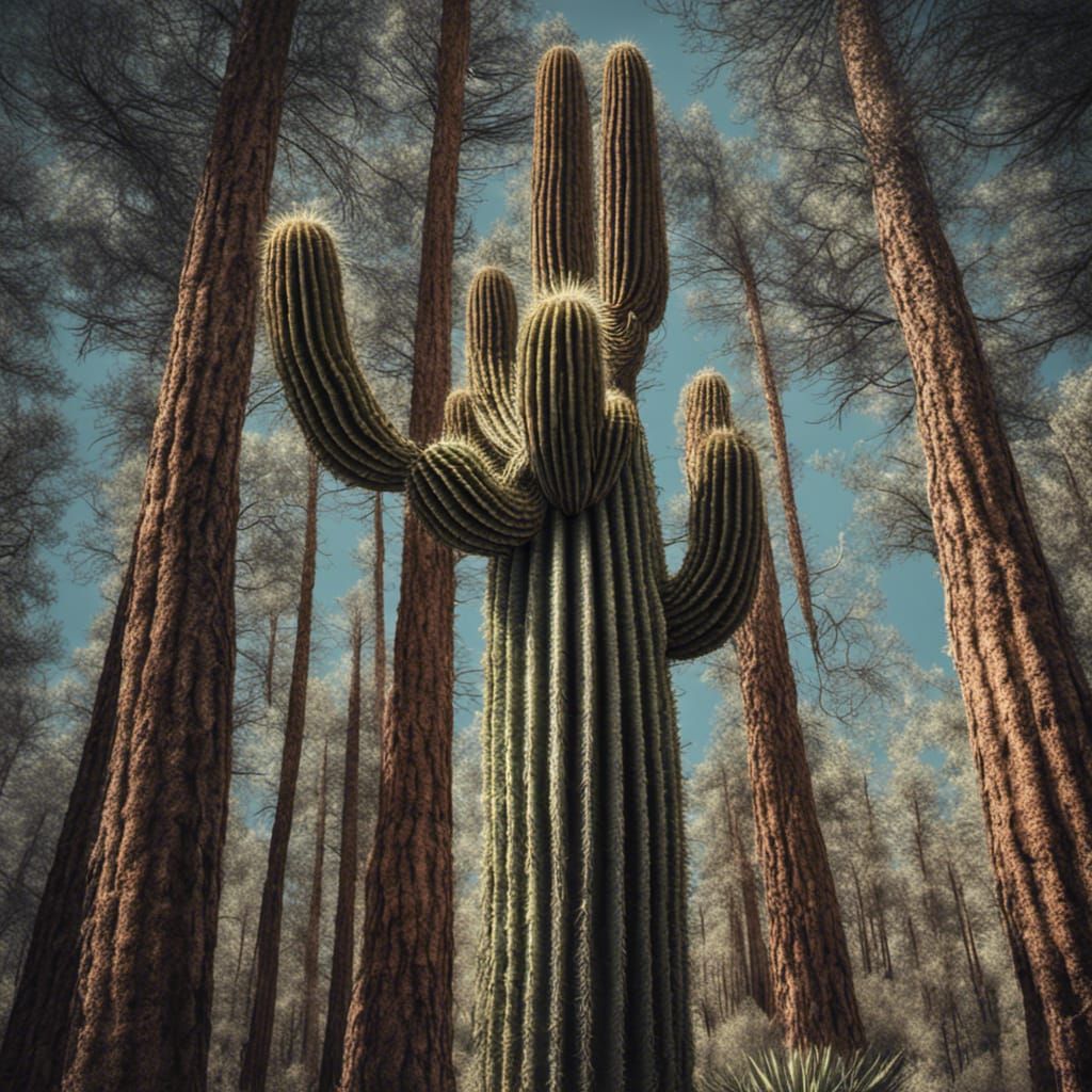 Saguaro Cactus in Pine Forest: Hyperrealistic HDR Photo