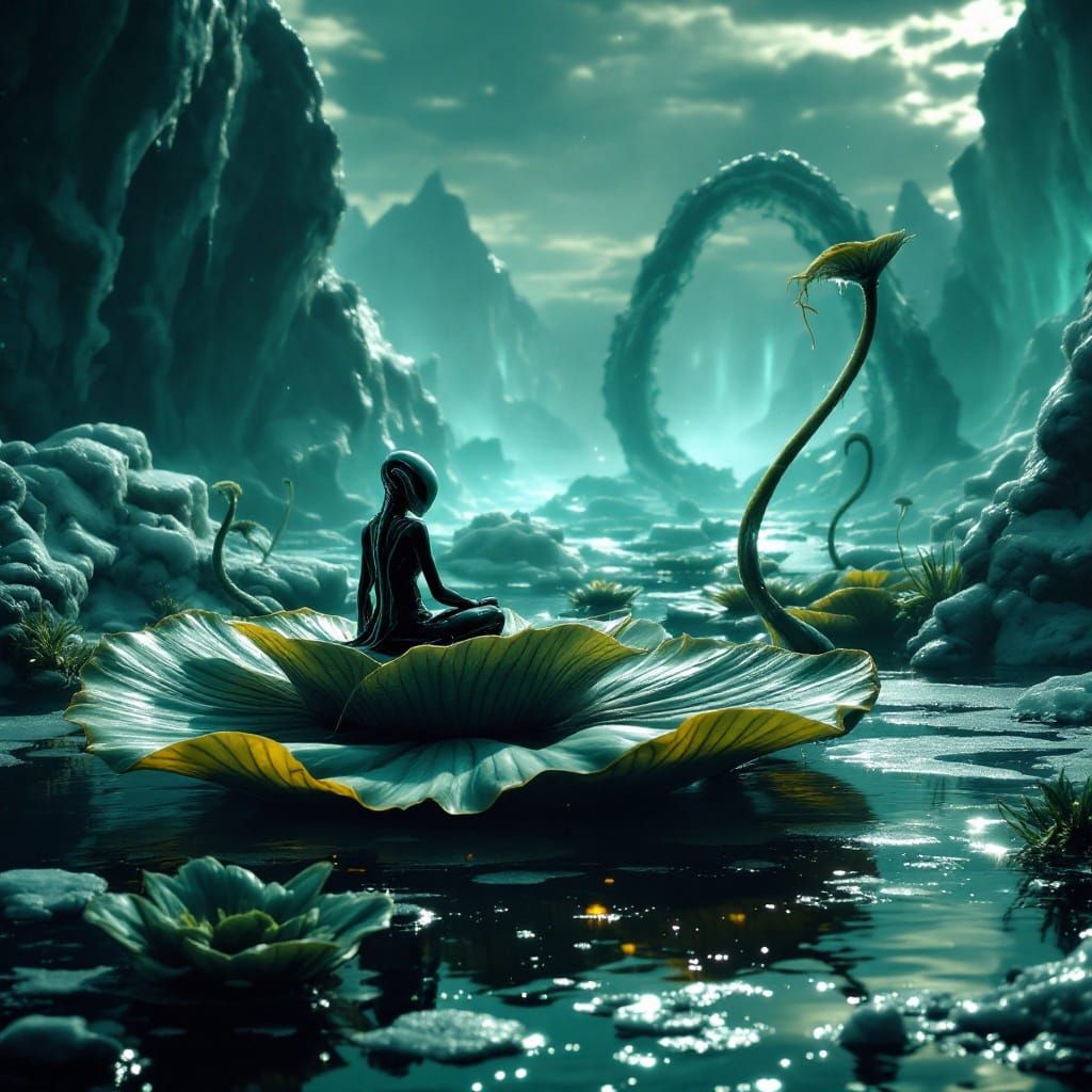 Surreal Icyland World with Bioluminescent Lily Plants and Al...