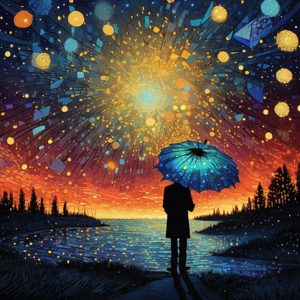 Umbrella Under Starry Night Sky in Surreal Style