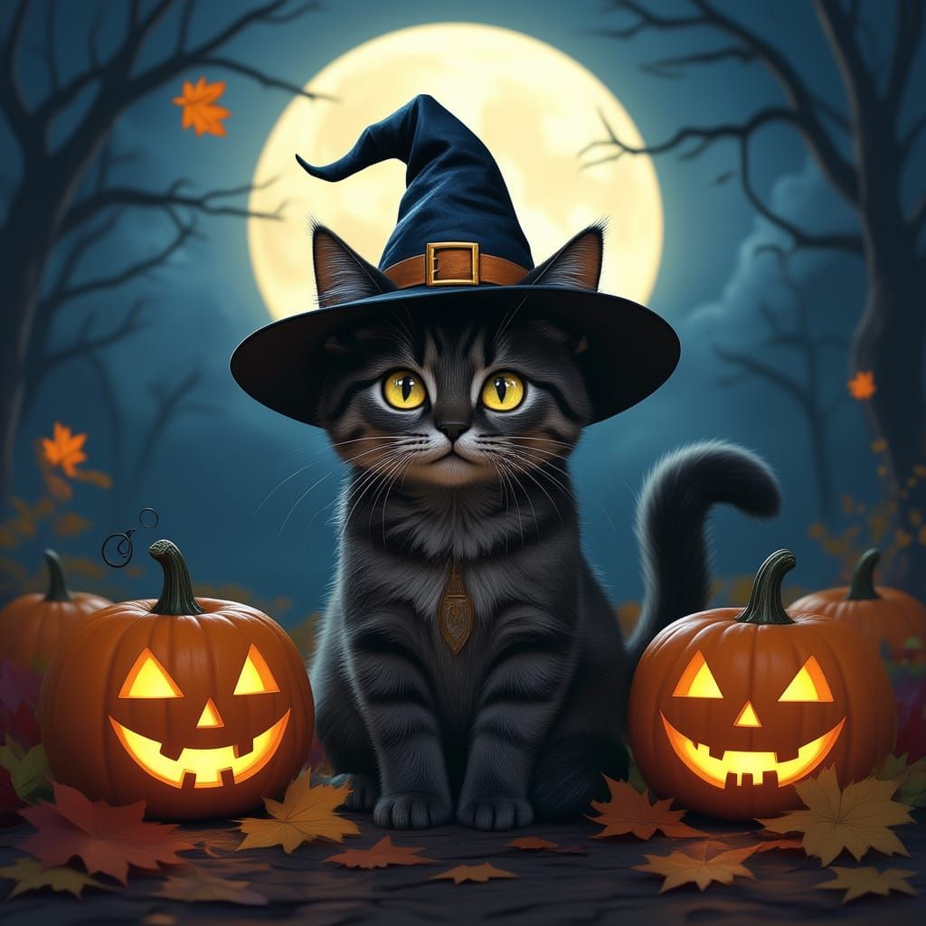 Cute Halloween Cat in Moody Moonlight