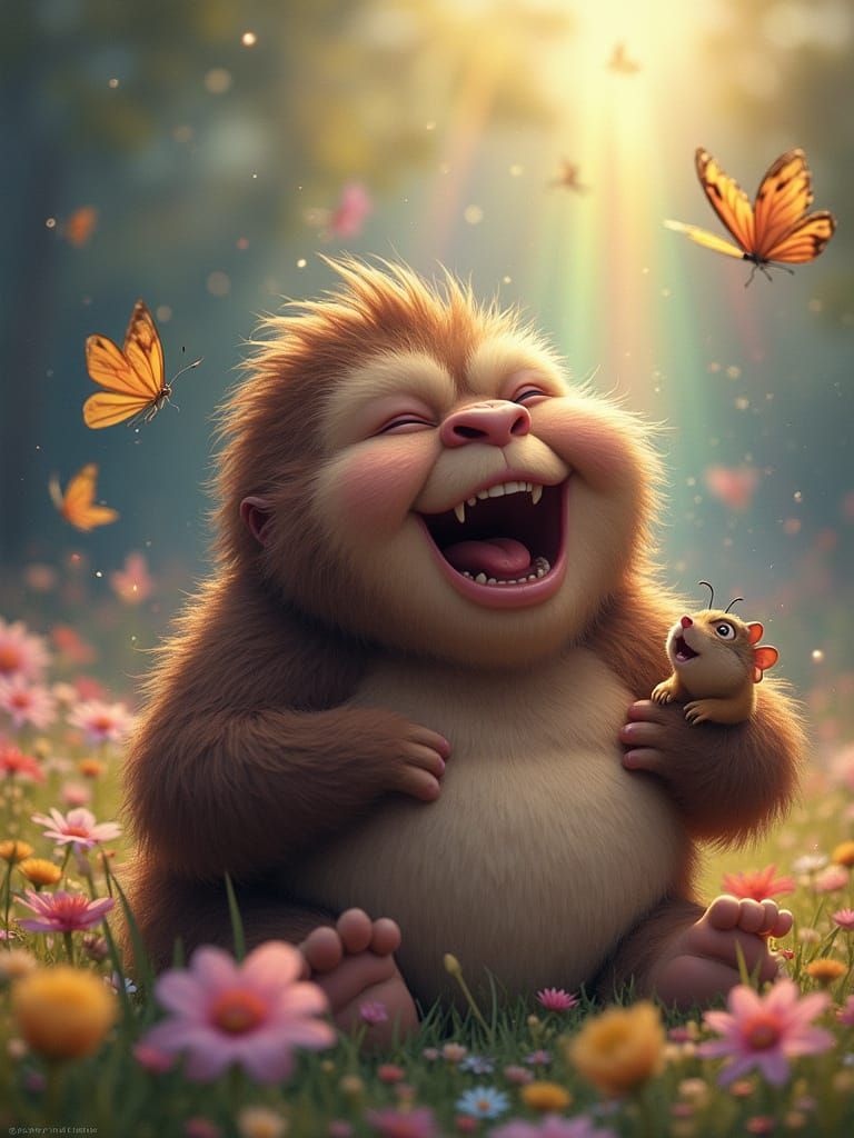 Chubby Sasquatch's Joyful Laugh in Flower Meadow