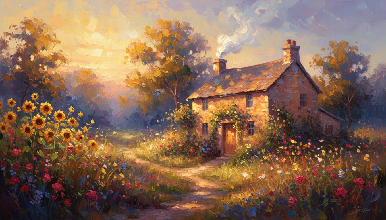 Golden Hour Cottage with Chimney Smoke
