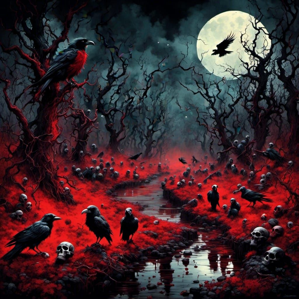 Surreal Raven Landscape in Watercolor Style