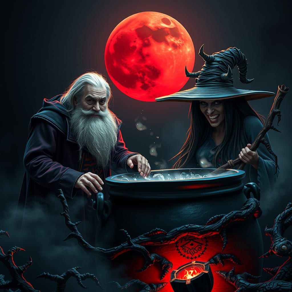 Witch's Cauldron Under a Red Moon, in Dark Fantasy Style