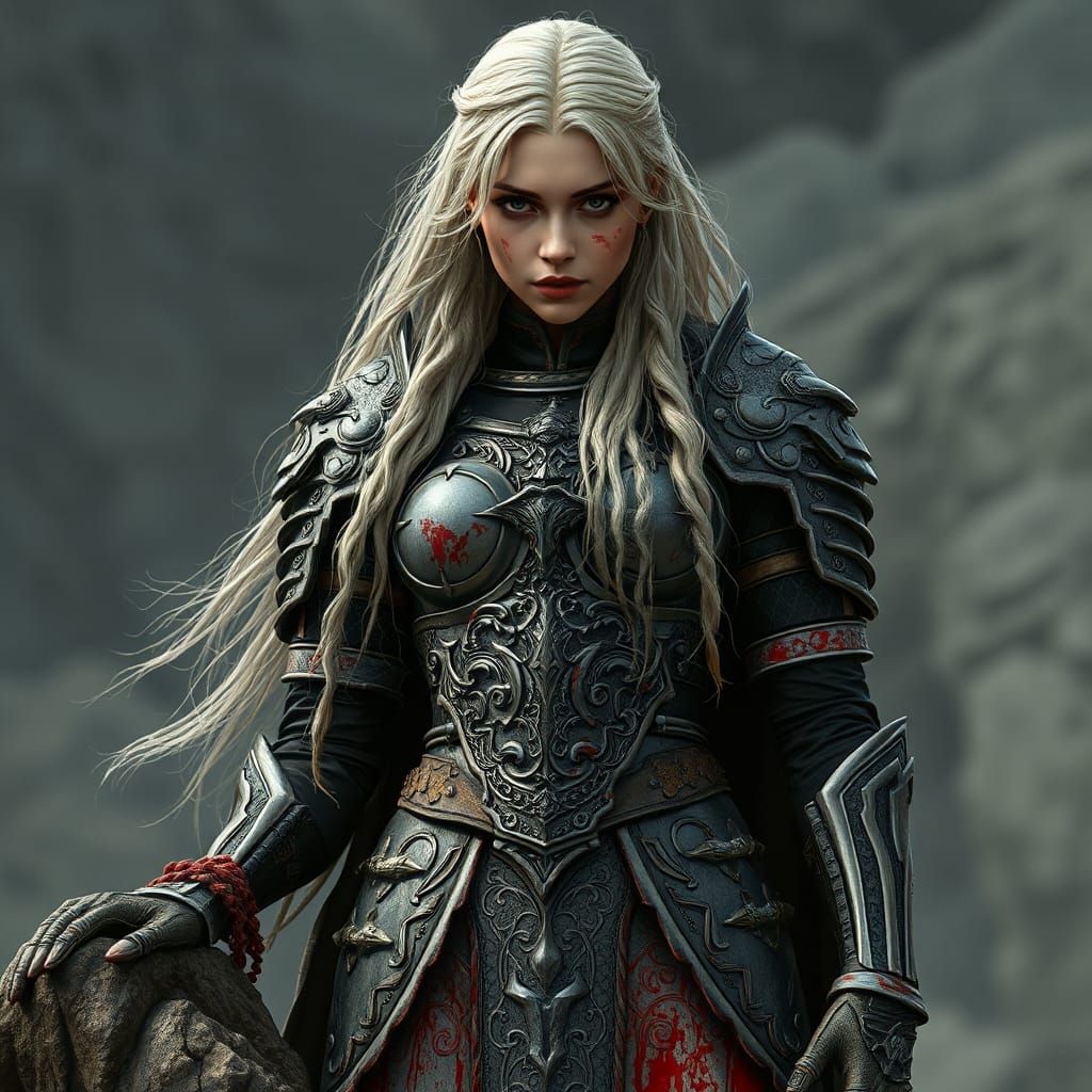 Hyperrealistic Woman in Bloody Armor on Rock