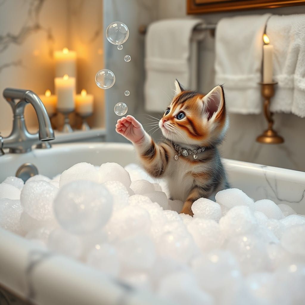 Adorable Kitten Plays with Bubbles in Luxurious Bath Setting