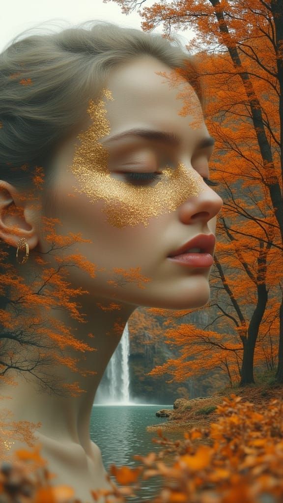 Woman Merged with Autumn Landscape in Dreamy Style
